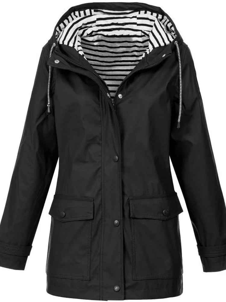 Black Women's Hooded Waterproof Rain Jacket — Ingrid Everyday Zip-Up Pocketed - Front Hood