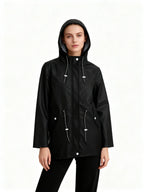 Black Women's Hooded Waterproof Rain Jacket — Sofie Zip-Up Drawstring Lightweight - Front Hooded