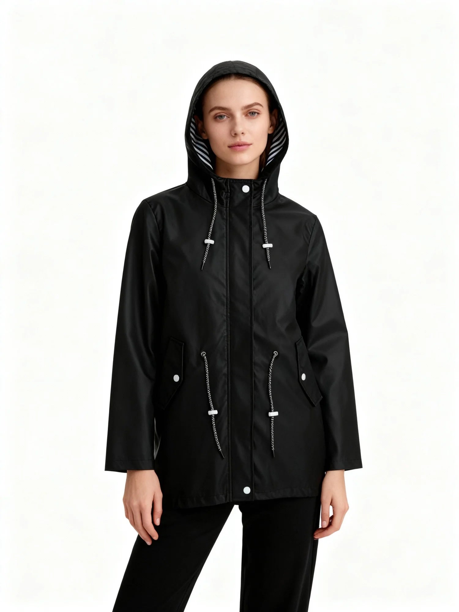 Black Women's Hooded Waterproof Rain Jacket — Sofie Zip-Up Drawstring Lightweight - Front Hooded