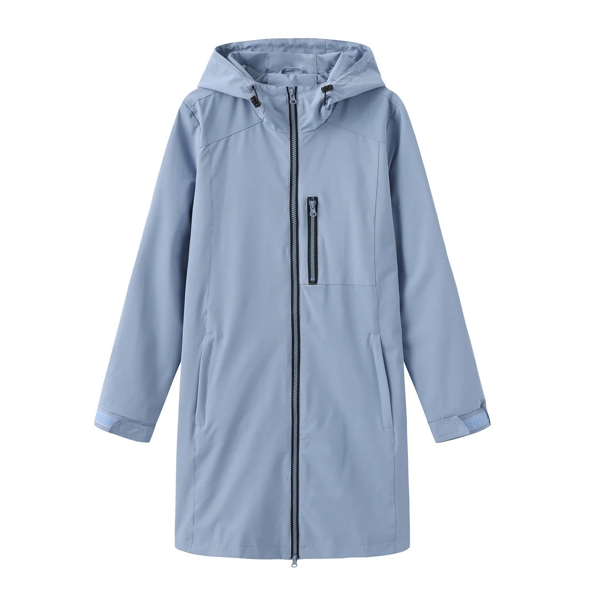Blue Women's Hooded Waterproof Rain Jacket — Clara Lightweight Zip-Pocket Longline - Flat Lay
