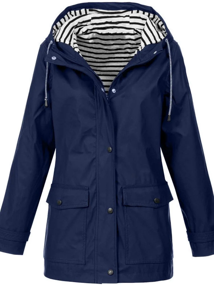 Blue Women's Hooded Waterproof Rain Jacket — Ingrid Everyday Zip-Up Pocketed - Front Drawstring