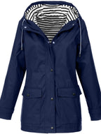 Blue Women's Hooded Waterproof Rain Jacket — Ingrid Everyday Zip-Up Pocketed - Front Drawstring