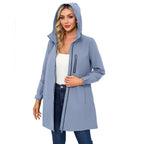 Blue Women's Hooded Waterproof Rain Jacket - Front Full Worn