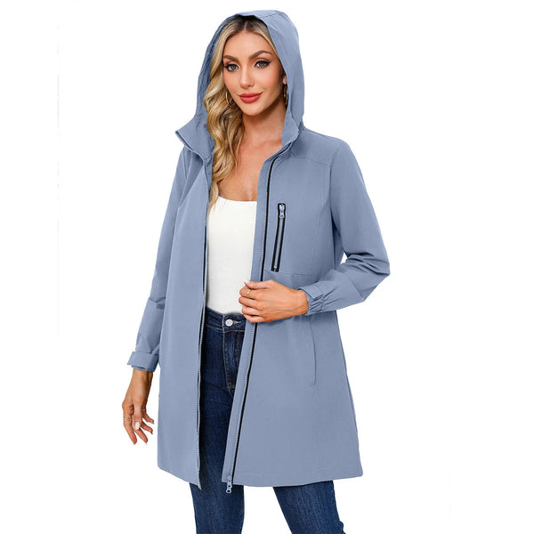 Women's Hooded Waterproof Rain Jacket — Clara Lightweight Zip-Pocket Longline