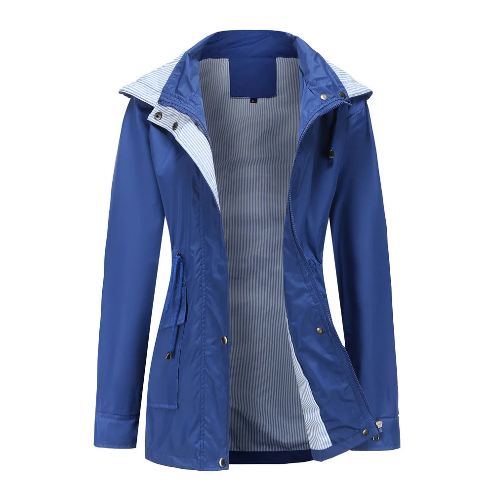 Blue Women's Waterproof Rain Jacket — Pearl Zip-Up Hooded Drawstring - Front Open