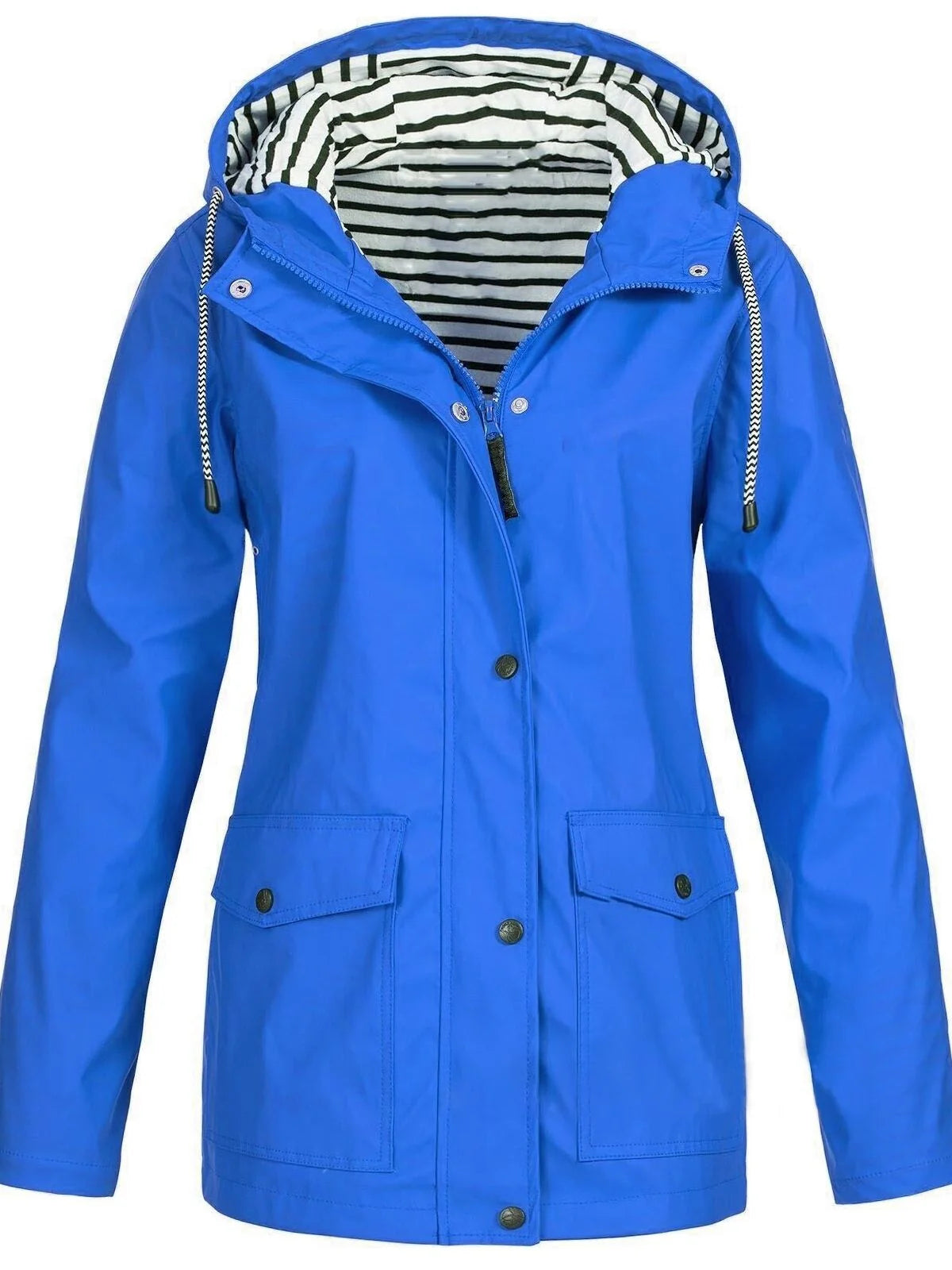 Blue Women's Hooded Waterproof Rain Jacket — Ingrid Everyday Zip-Up Pocketed - Front Pocket