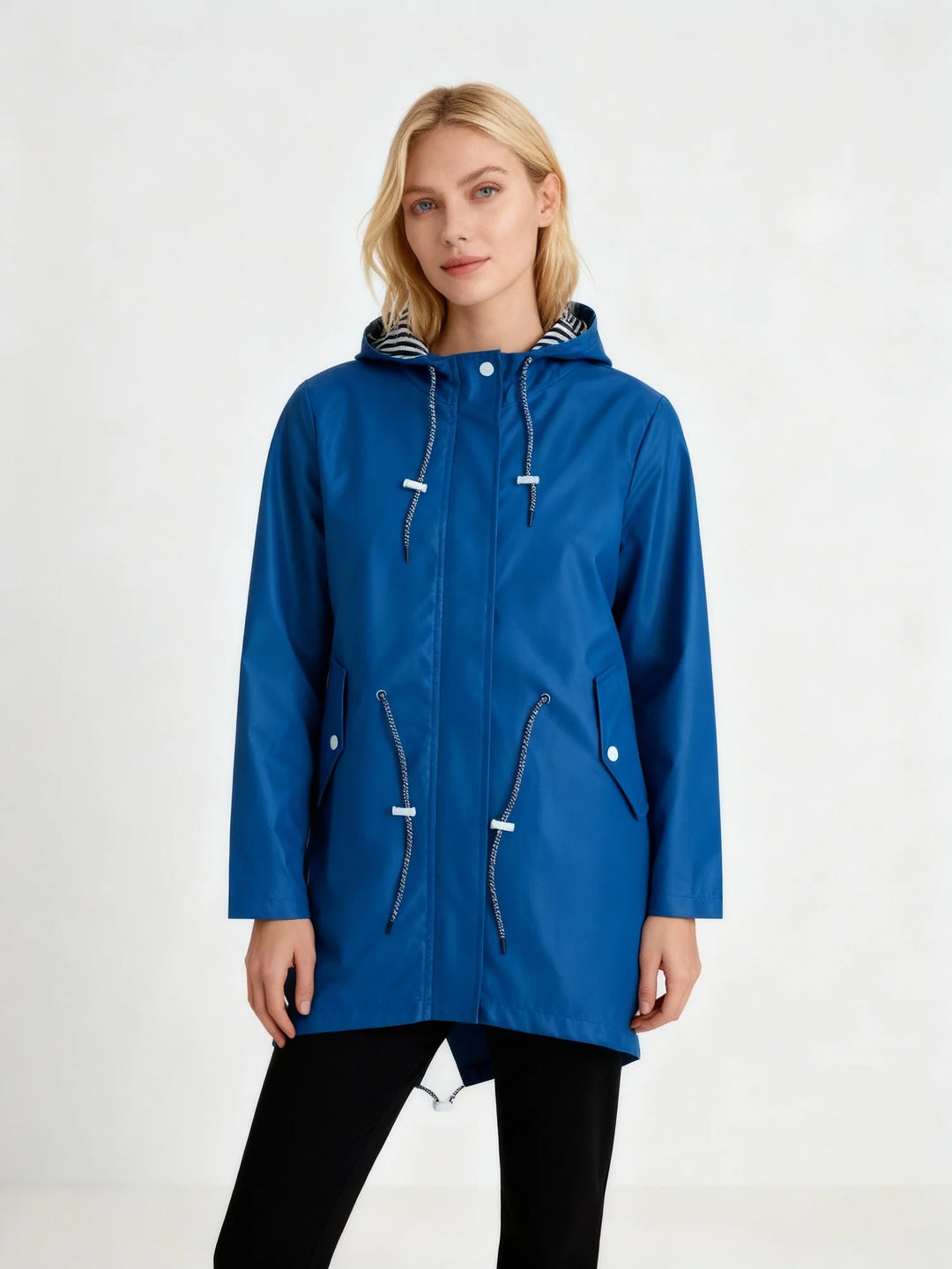 Blue Women's Hooded Waterproof Rain Jacket — Sofie Zip-Up Drawstring Lightweight - Front Pose
