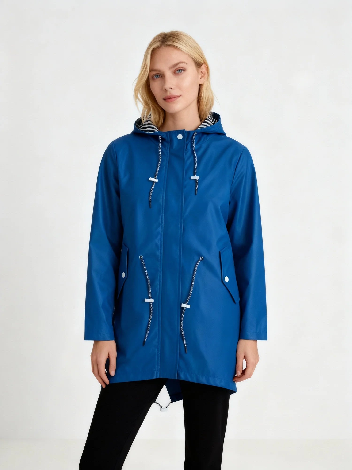 Blue Women's Hooded Waterproof Rain Jacket — Sofie Zip-Up Drawstring Lightweight - Front Pose