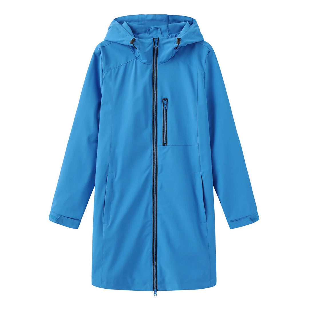 Buntblau Women's Hooded Waterproof Rain Jacket — Clara Lightweight Zip-Pocket Longline - Flat Lay Bright Blue