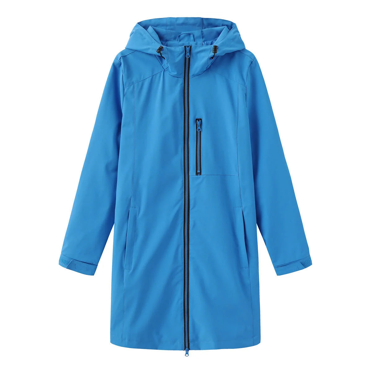 Buntblau Women's Hooded Waterproof Rain Jacket — Clara Lightweight Zip-Pocket Longline - Flat Lay Bright Blue