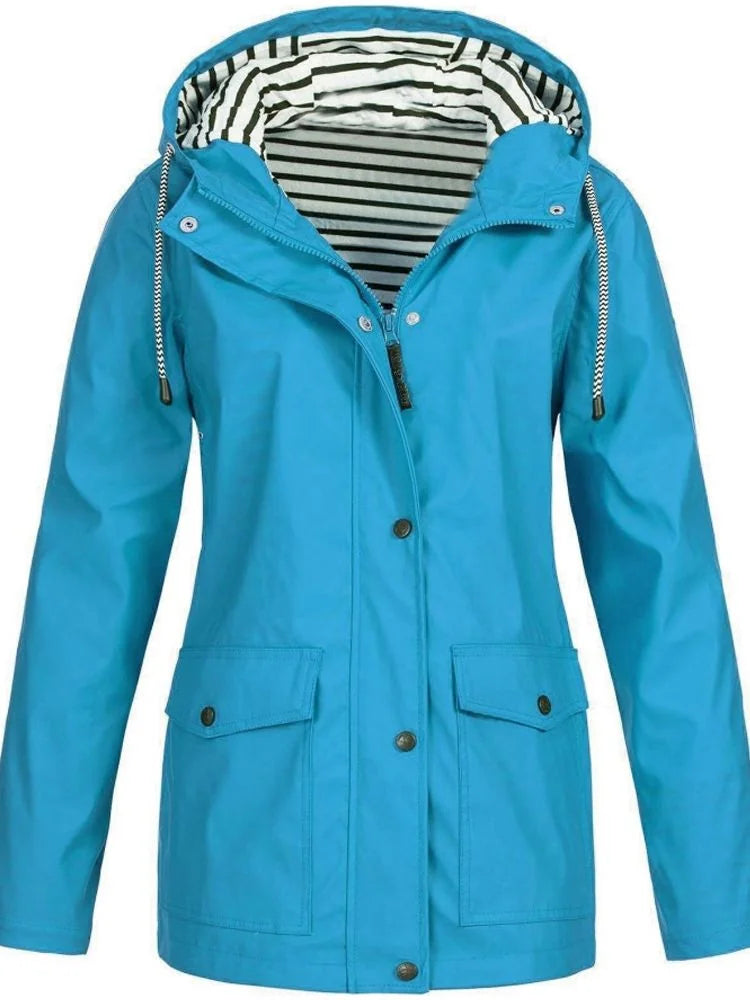Cyan Women's Hooded Waterproof Rain Jacket — Ingrid Everyday Zip-Up Pocketed - Front Outdoor
