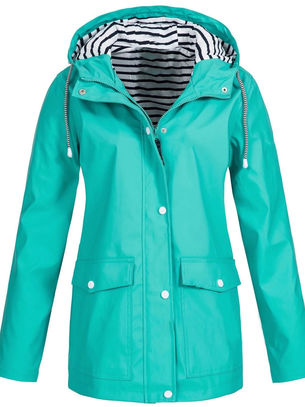 Cyan Women's Hooded Waterproof Rain Jacket — Ingrid Everyday Zip-Up Pocketed - Front Studio