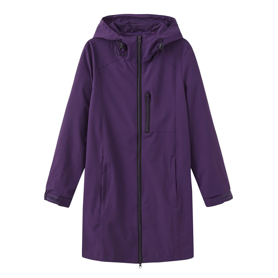 Dunkelviolett Women's Hooded Waterproof Rain Jacket — Clara Lightweight Zip-Pocket Longline - Flat Lay Purple