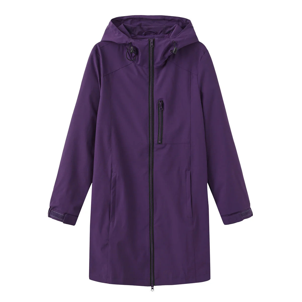 Dunkelviolett Women's Hooded Waterproof Rain Jacket — Clara Lightweight Zip-Pocket Longline - Flat Lay Purple