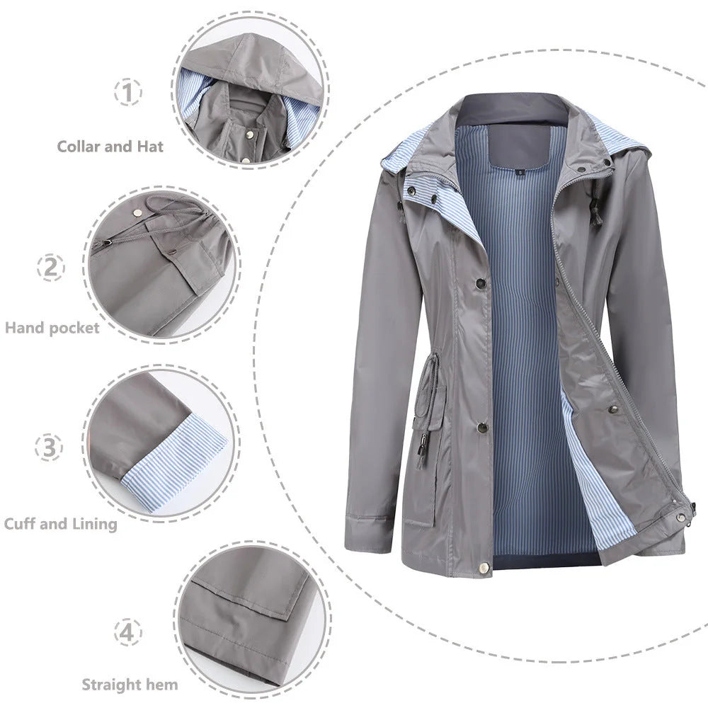 Fnfzig Women's Waterproof Rain Jacket — Pearl Zip-Up Hooded Drawstring - Grautne Detail Collage