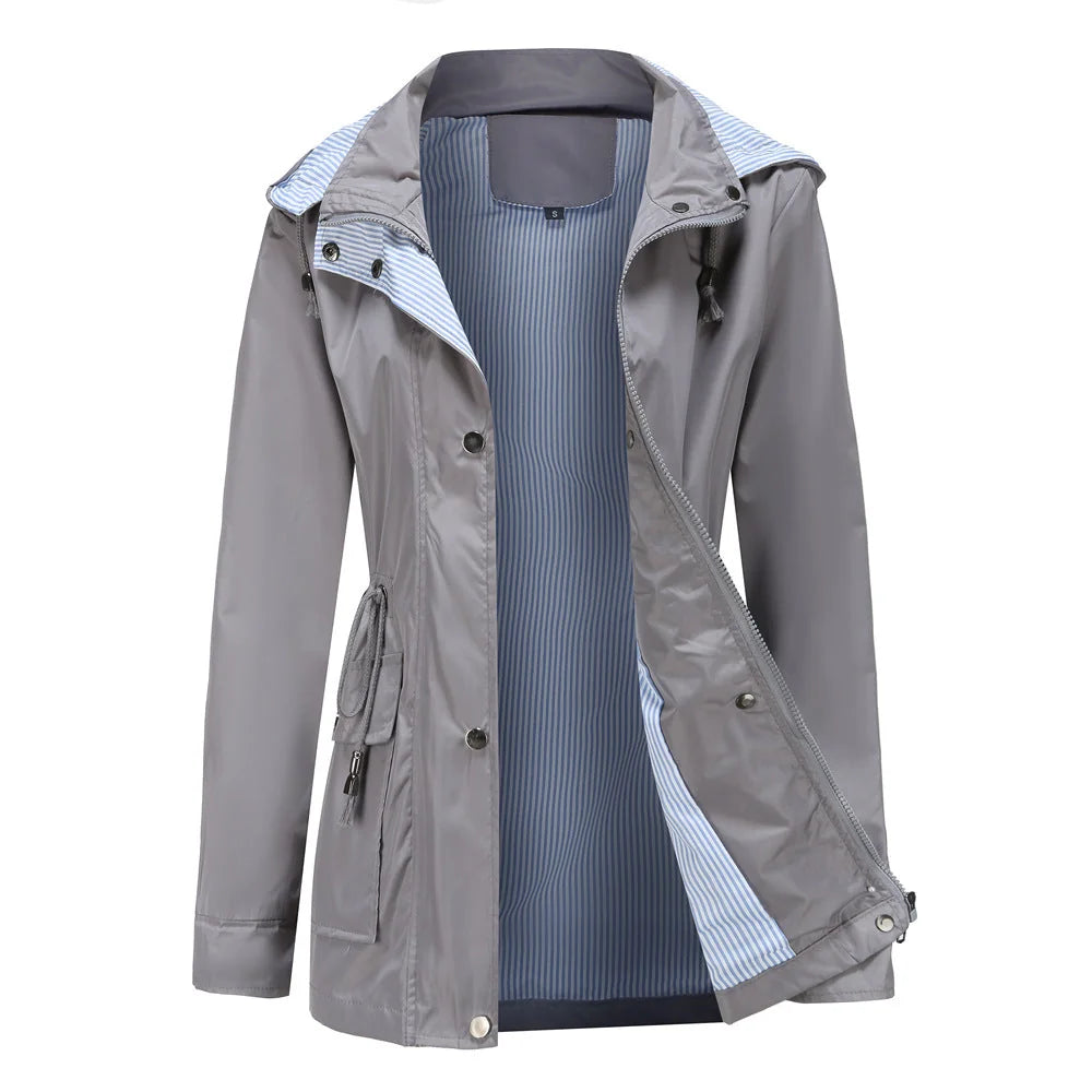 Fnfzig Women's Waterproof Rain Jacket — Pearl Zip-Up Hooded Drawstring - Grautne Front Open Gray