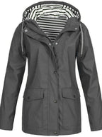 Gray Women's Hooded Waterproof Rain Jacket — Ingrid Everyday Zip-Up Pocketed - Front Buttoned