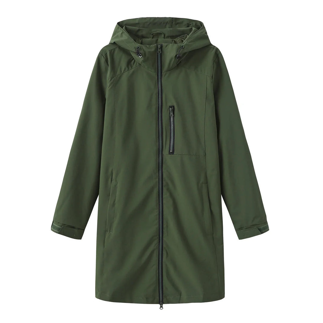Militrgrn Women's Hooded Waterproof Rain Jacket — Clara Lightweight Zip-Pocket Longline - Flat Lay Green