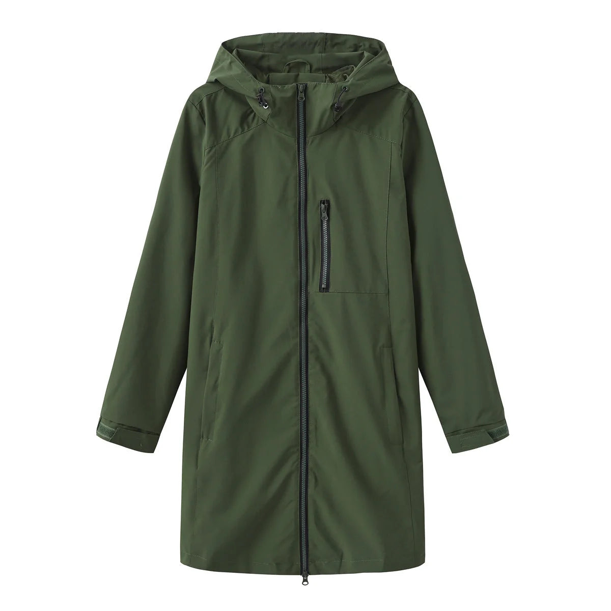 Militrgrn Women's Hooded Waterproof Rain Jacket — Clara Lightweight Zip-Pocket Longline - Flat Lay Green