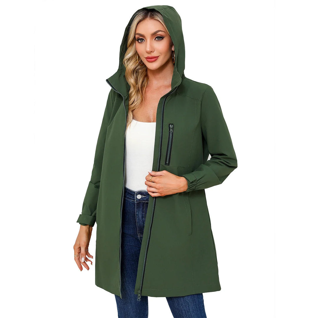 Militrgrn Women's Hooded Waterproof Rain Jacket — Clara Lightweight Zip-Pocket Longline - Front Full Worn Green