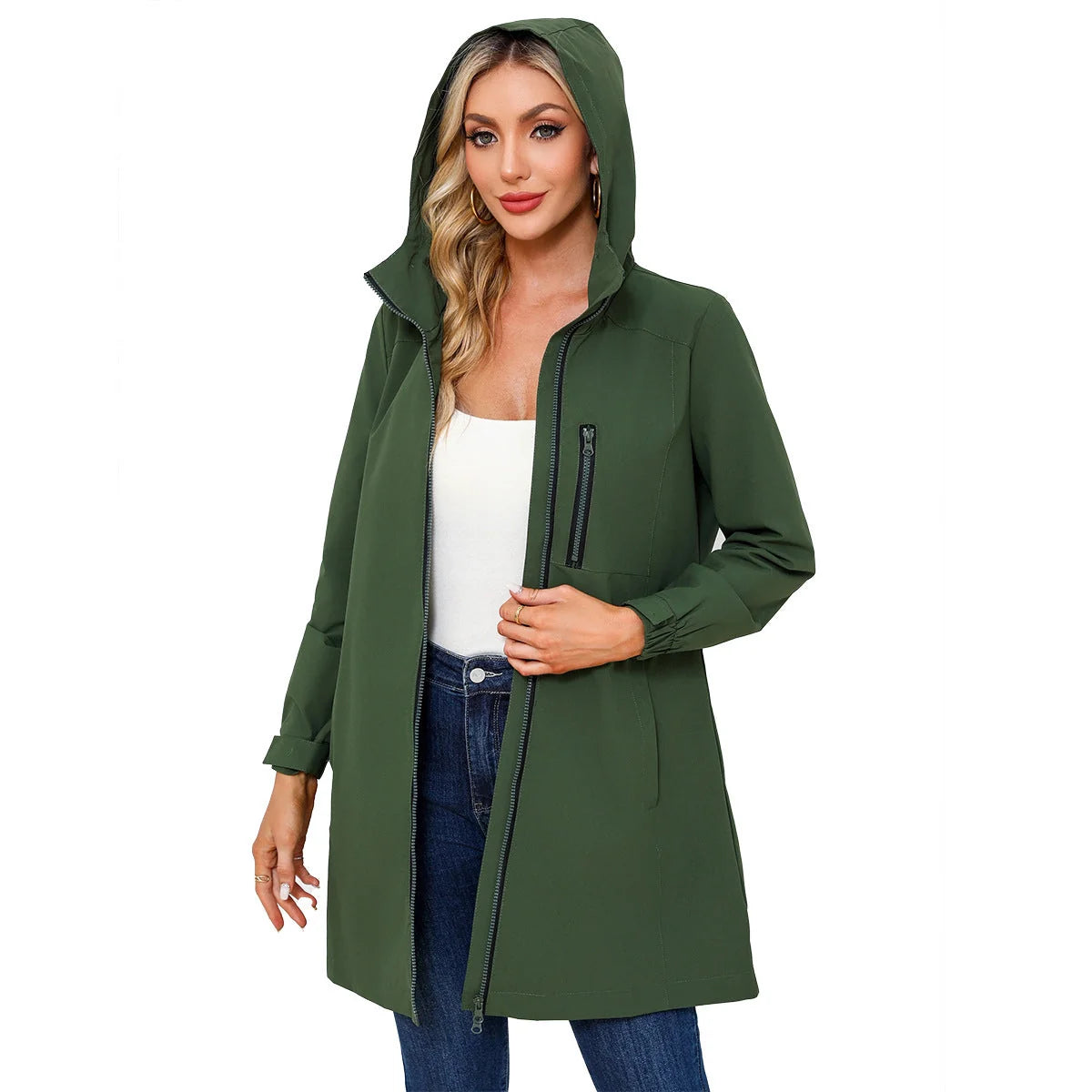Militrgrn Women's Hooded Waterproof Rain Jacket — Clara Lightweight Zip-Pocket Longline - Front Full Worn Green