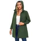 Military Green Women's Hooded Waterproof Rain Jacket - Front Full Worn Green