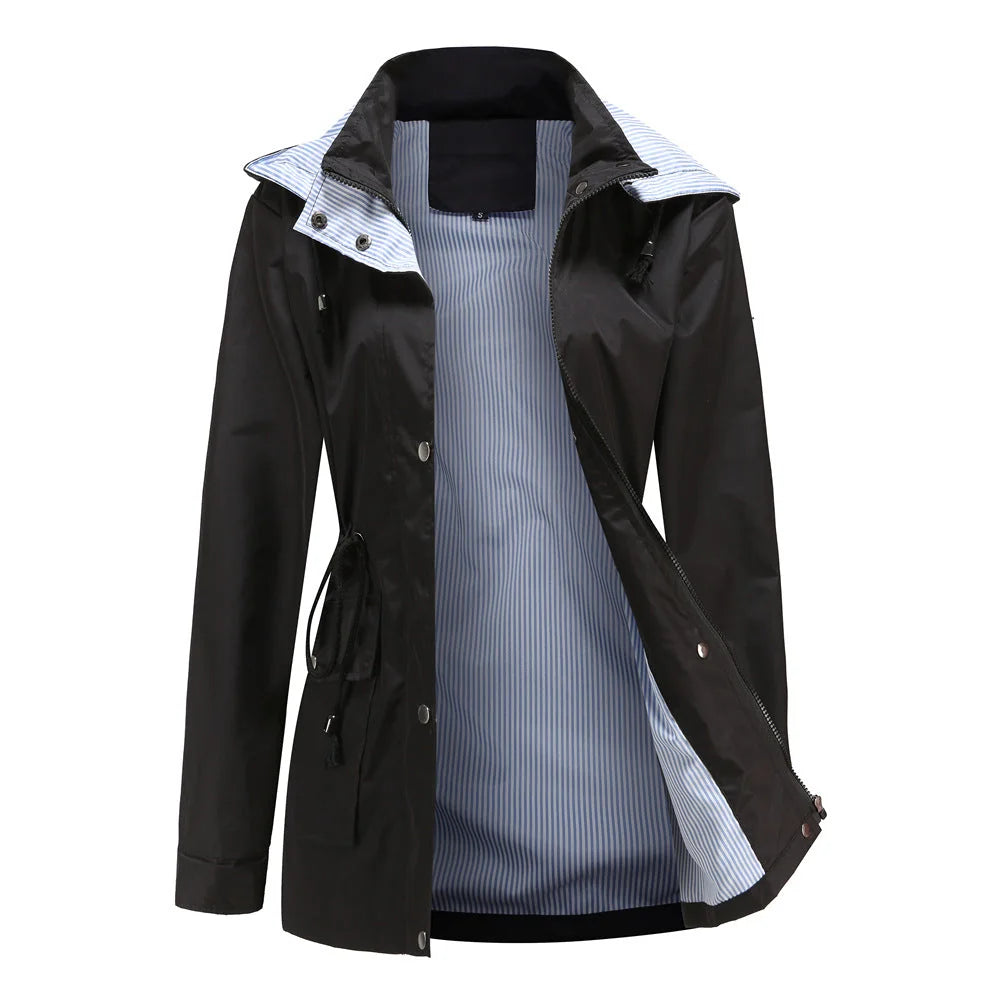Mitternachtsschwarz Women's Waterproof Rain Jacket — Pearl Zip-Up Hooded Drawstring - Front Open Black