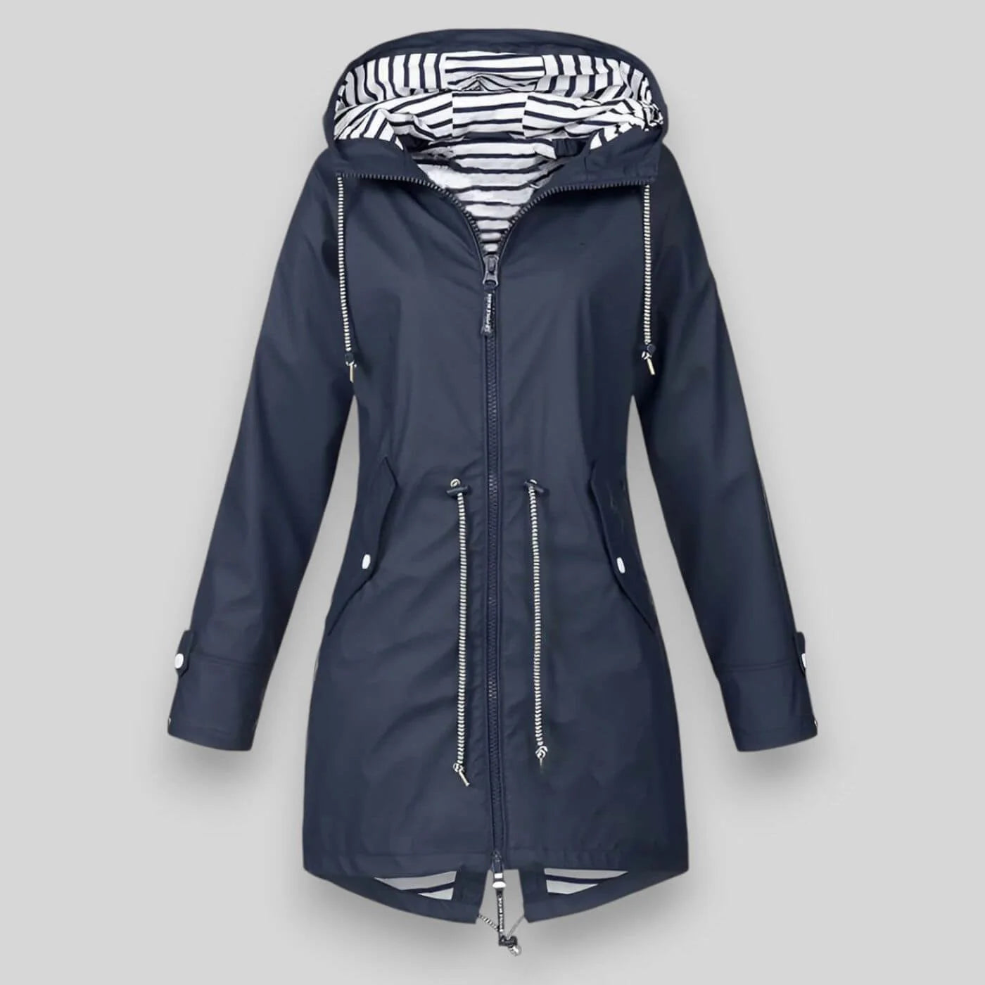 Navy Women's Hooded Waterproof Rain Jacket — Hattie Lightweight Drawstring Zip-Up - Front Full Hood Up