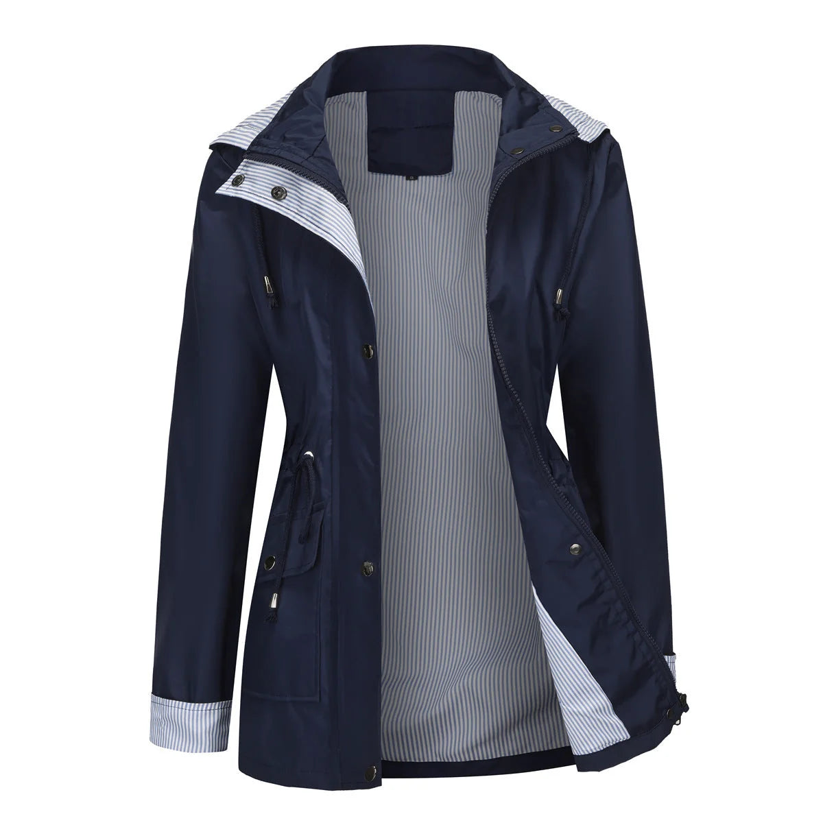 Navy Women's Waterproof Rain Jacket — Pearl Zip-Up Hooded Drawstring - Front Open