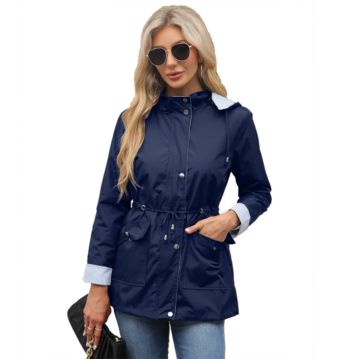 Navy Women's Waterproof Rain Jacket — Pearl Zip-Up Hooded Drawstring - Model Worn Sunglasses