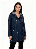 Navy Women's Hooded Waterproof Rain Jacket — Sofie Zip-Up Drawstring Lightweight - Side Pose