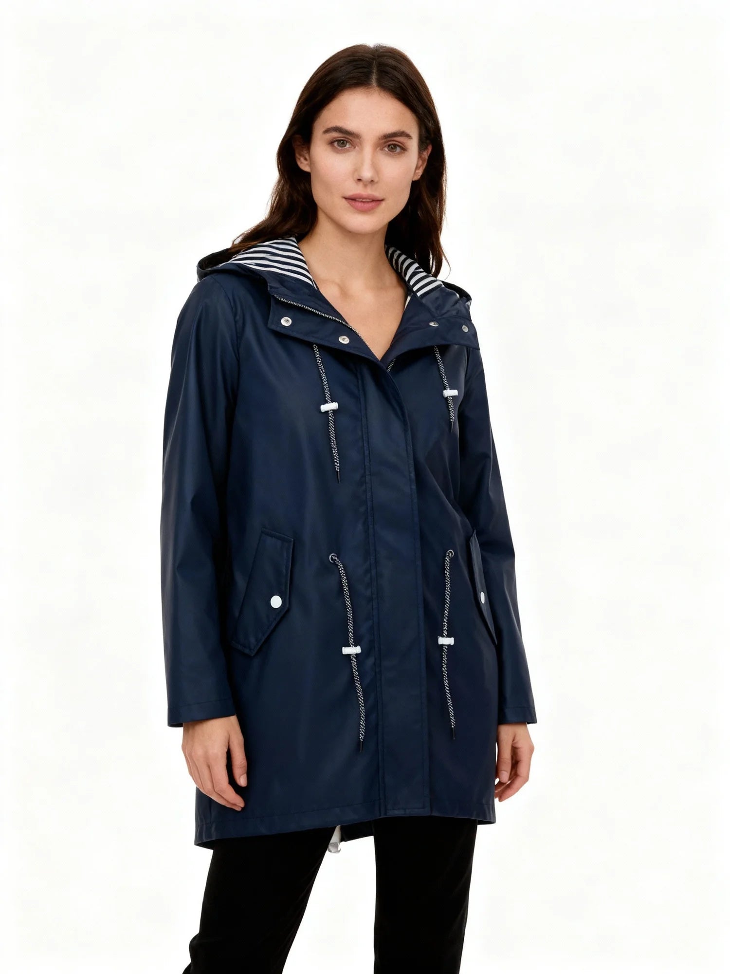 Navy Women's Hooded Waterproof Rain Jacket — Sofie Zip-Up Drawstring Lightweight - Side Pose