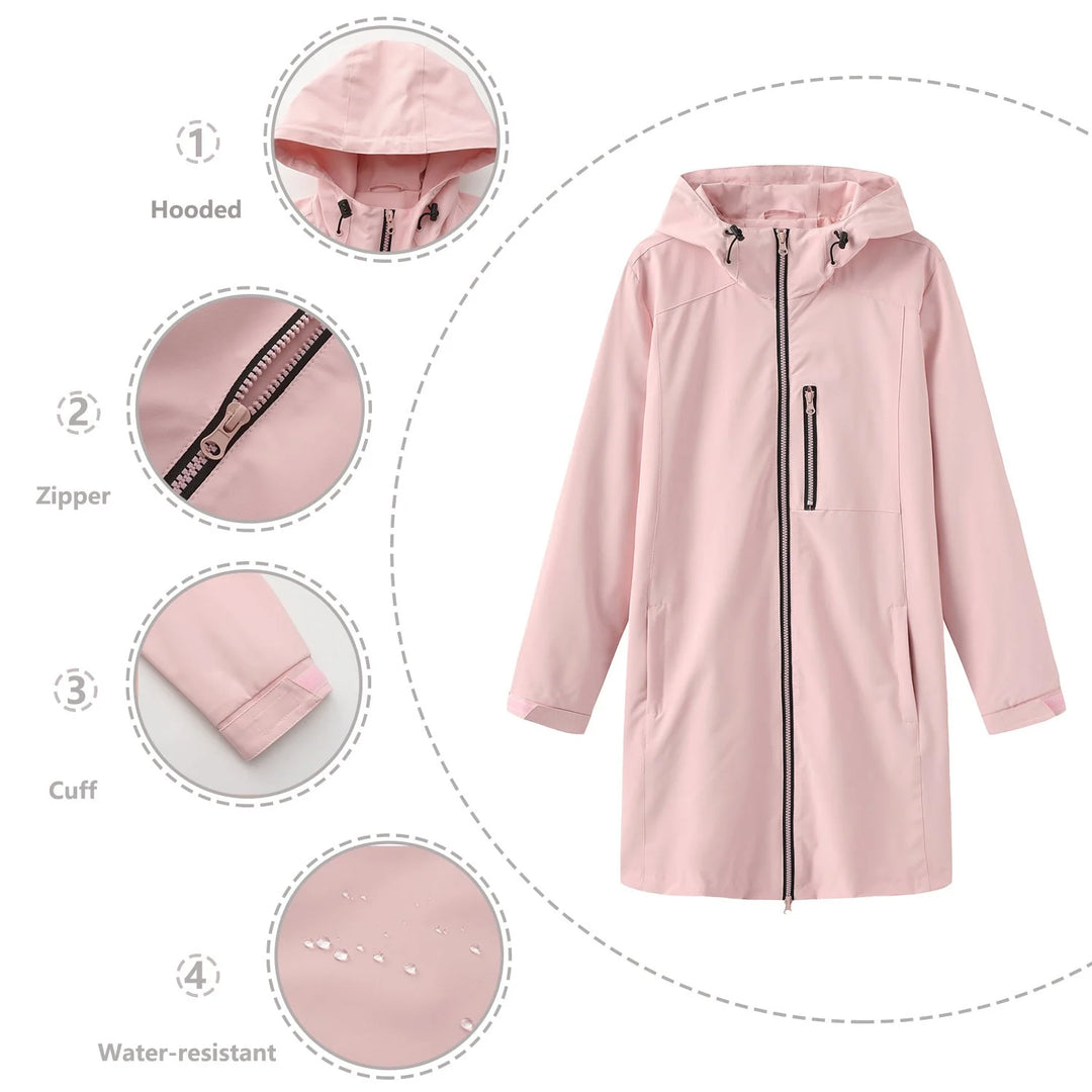 Pink Women's Hooded Waterproof Rain Jacket — Clara Lightweight Zip-Pocket Longline - Detail Callouts