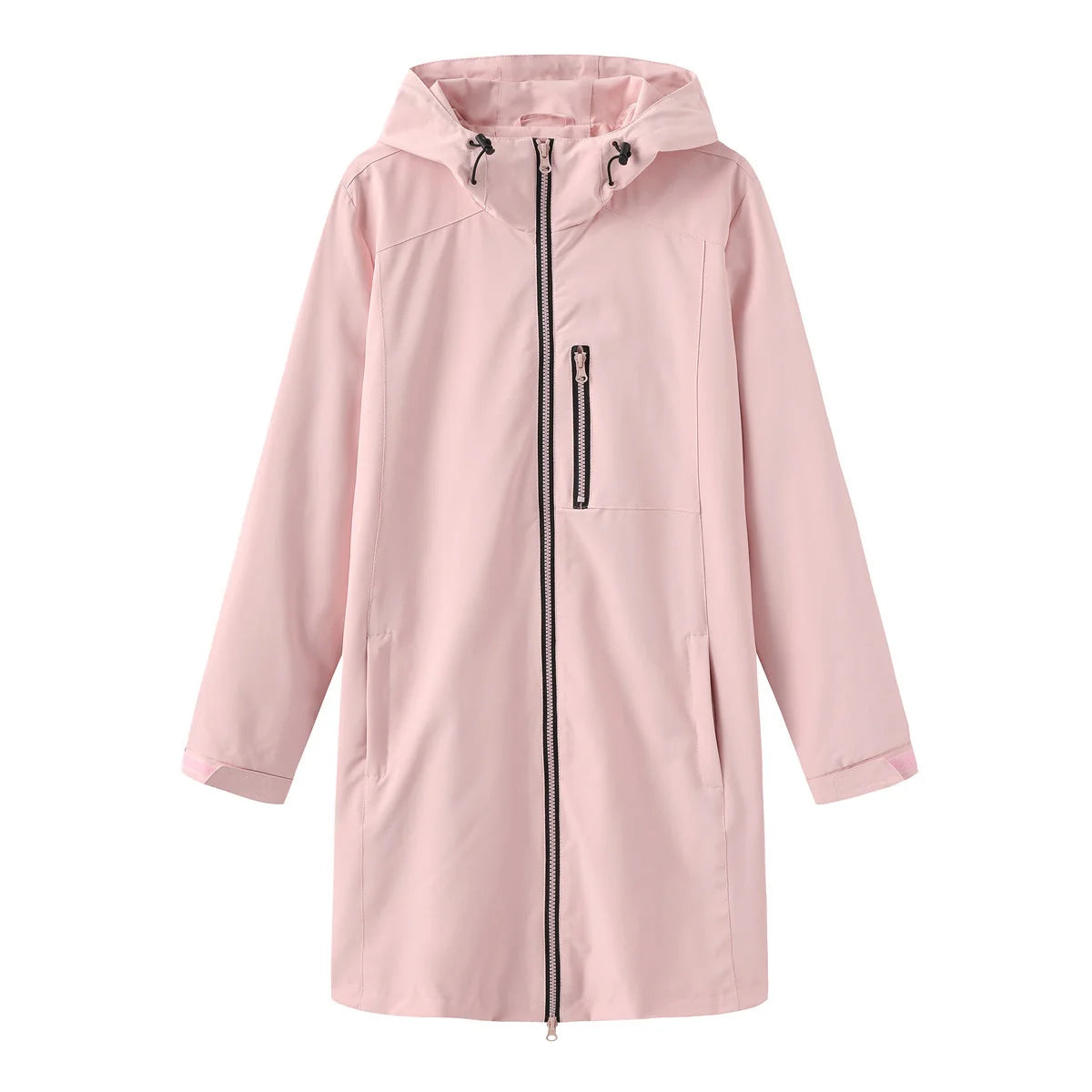 Pink Women's Hooded Waterproof Rain Jacket — Clara Lightweight Zip-Pocket Longline - Flat Lay