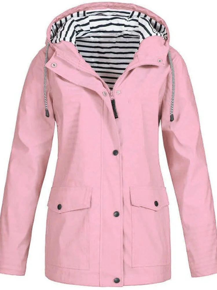Pink Women's Hooded Waterproof Rain Jacket — Ingrid Everyday Zip-Up Pocketed - Front Collar