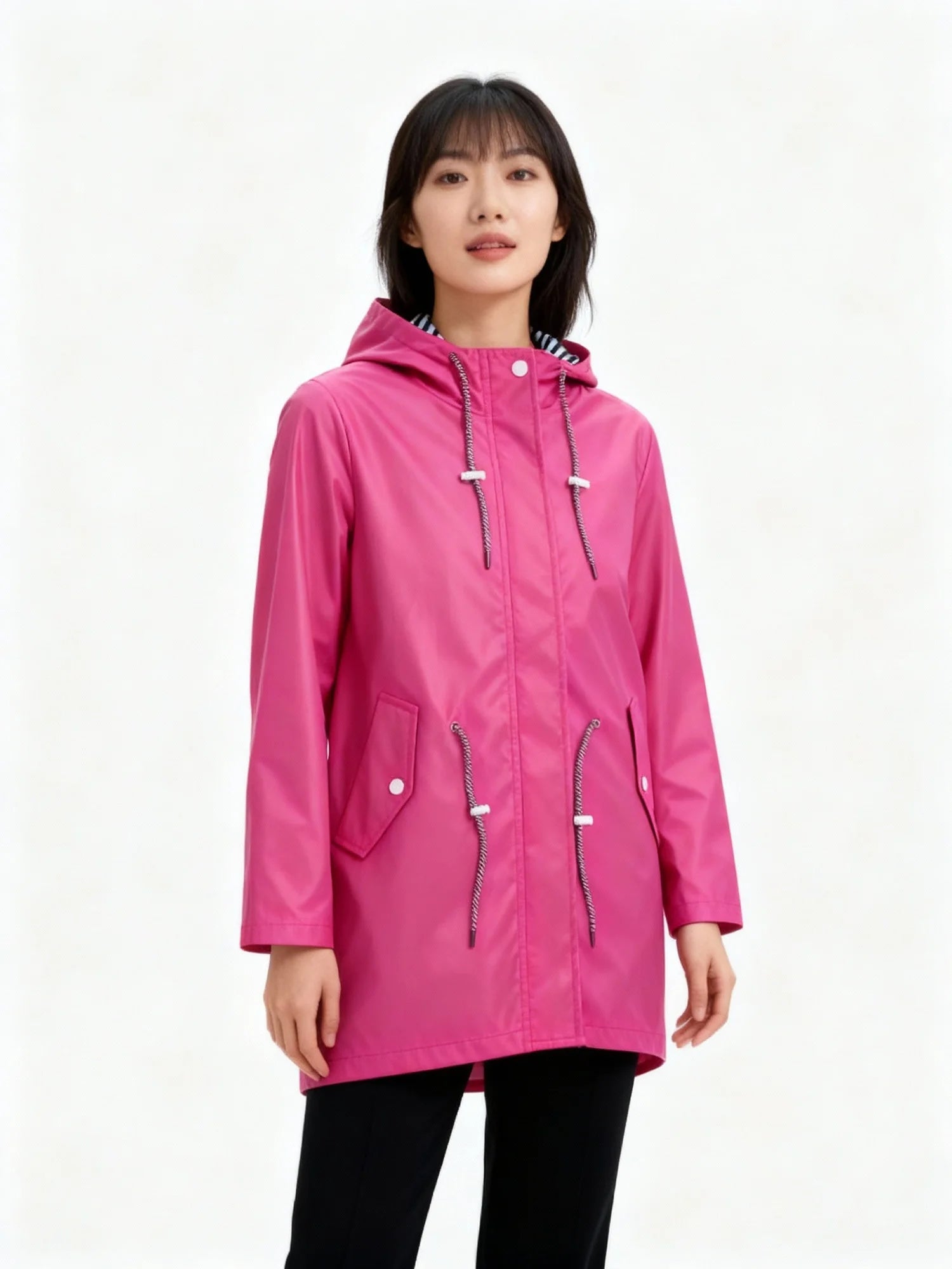 Pink Women's Hooded Waterproof Rain Jacket — Sofie Zip-Up Drawstring Lightweight - Front Studio