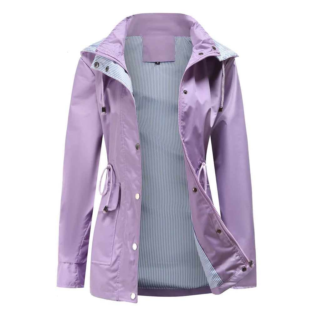 Purple Women's Waterproof Rain Jacket — Pearl Zip-Up Hooded Drawstring - Front Open
