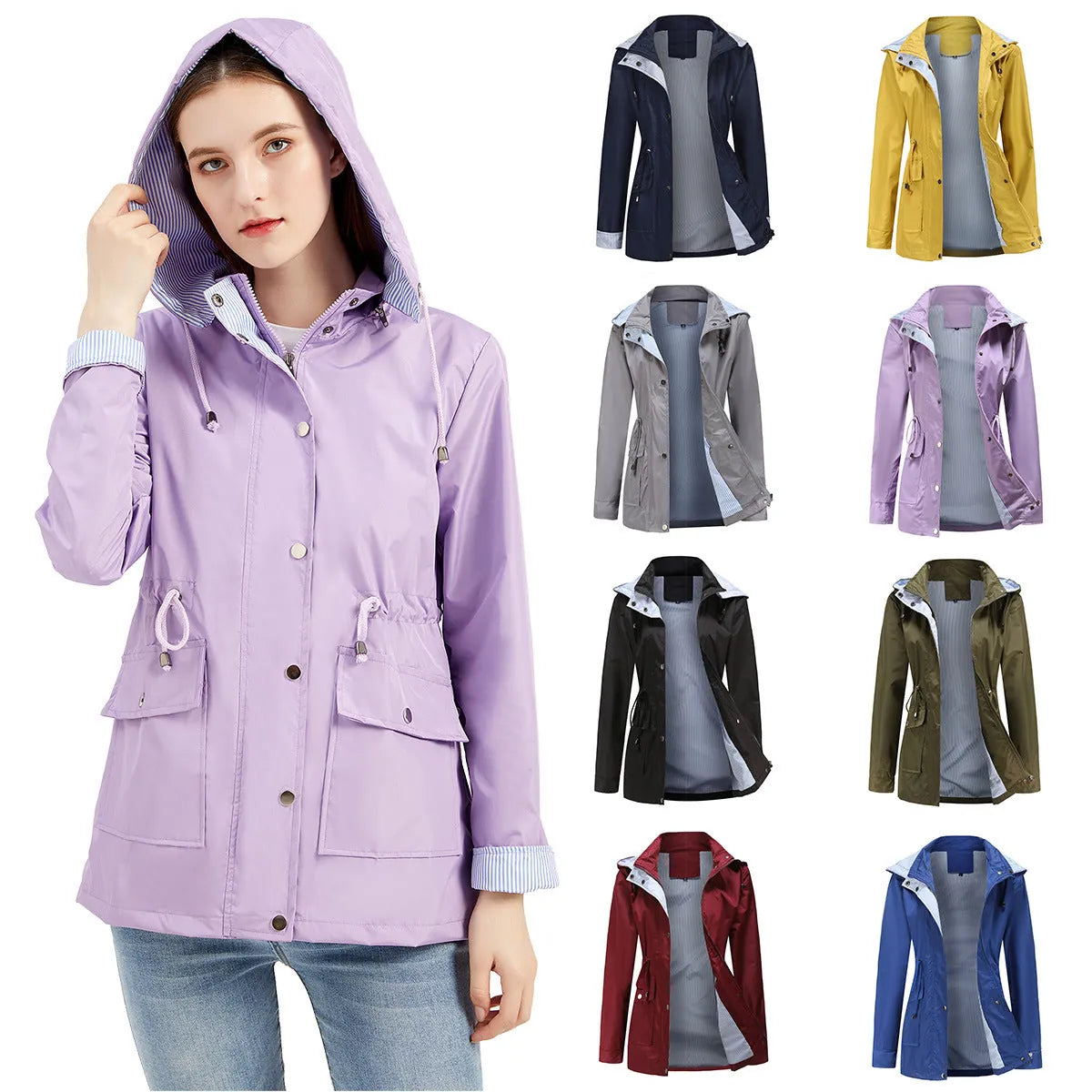 Purple Women's Waterproof Rain Jacket — Pearl Zip-Up Hooded Drawstring - Front With Swatches