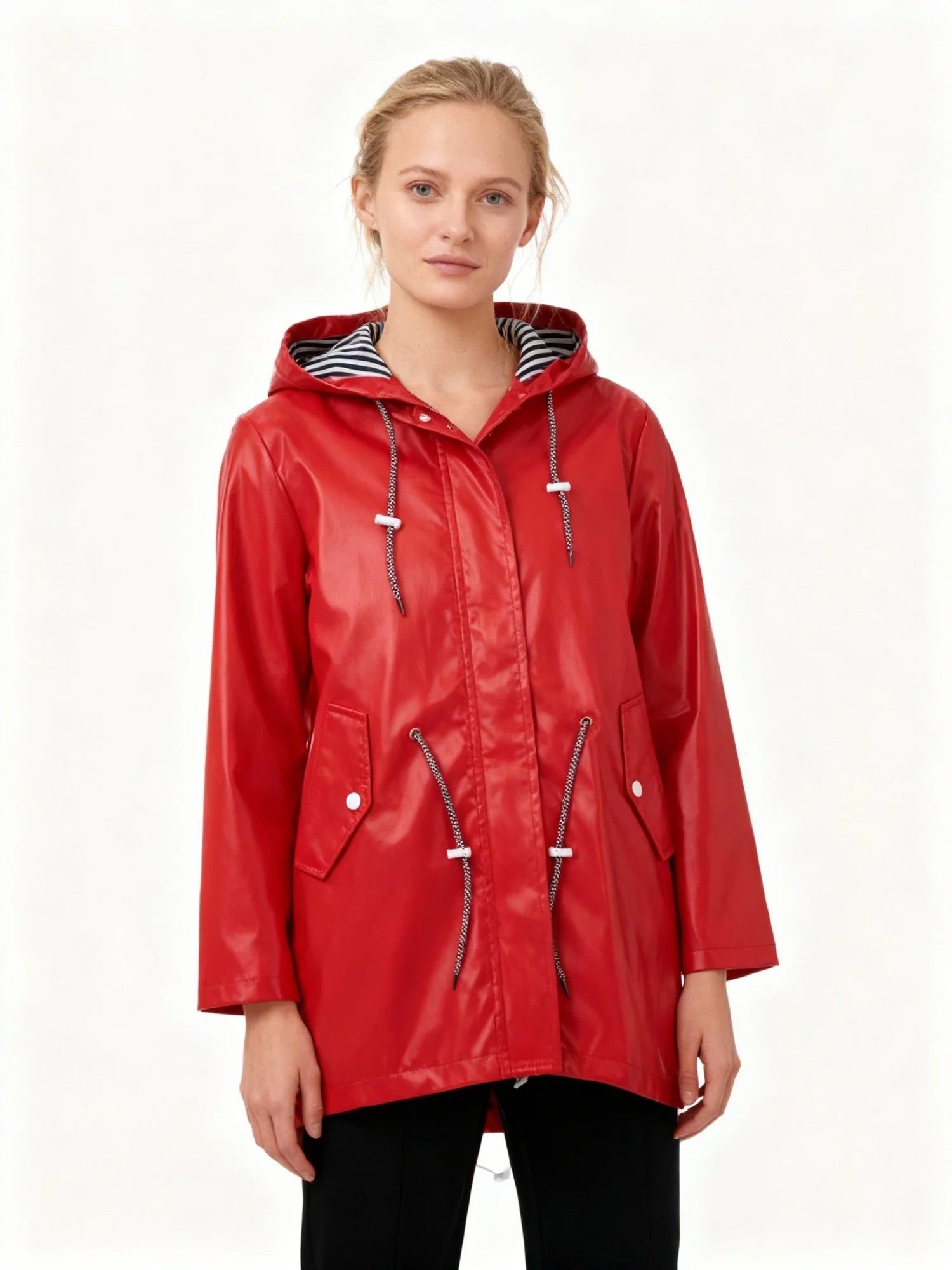Red Women's Hooded Waterproof Rain Jacket — Sofie Zip-Up Drawstring Lightweight - Front Closeup