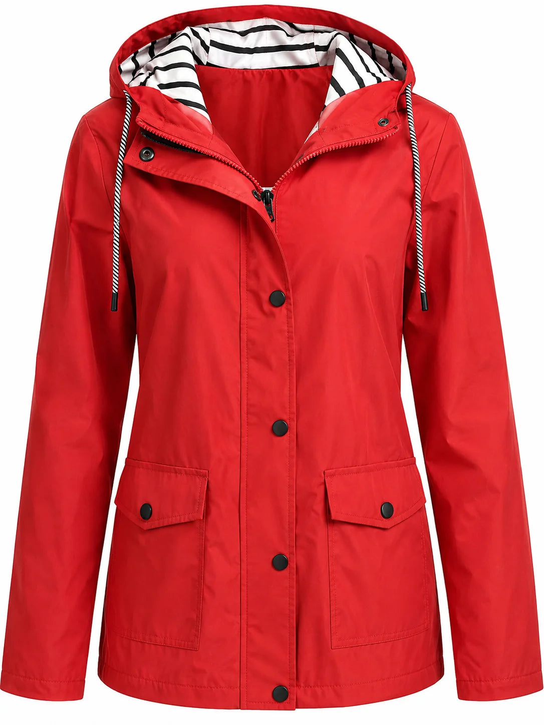 Red Women's Hooded Waterproof Rain Jacket — Ingrid Everyday Zip-Up Pocketed - Front Zip