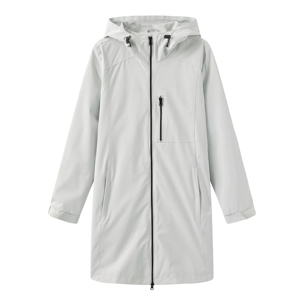 White Grey Women's Hooded Waterproof Rain Jacket - Flat Lay White Gray