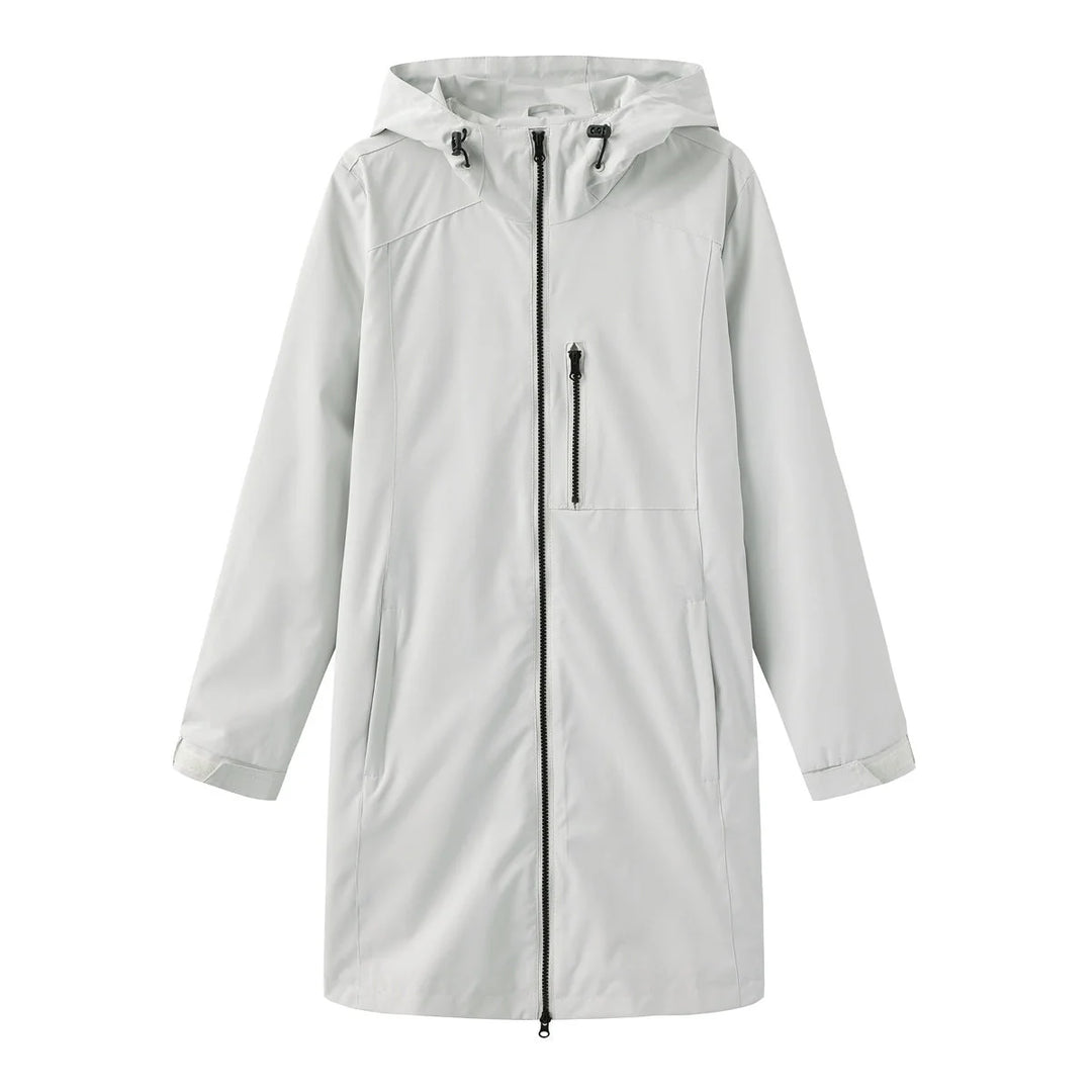 Weigrau Women's Hooded Waterproof Rain Jacket — Clara Lightweight Zip-Pocket Longline - Flat Lay White Gray