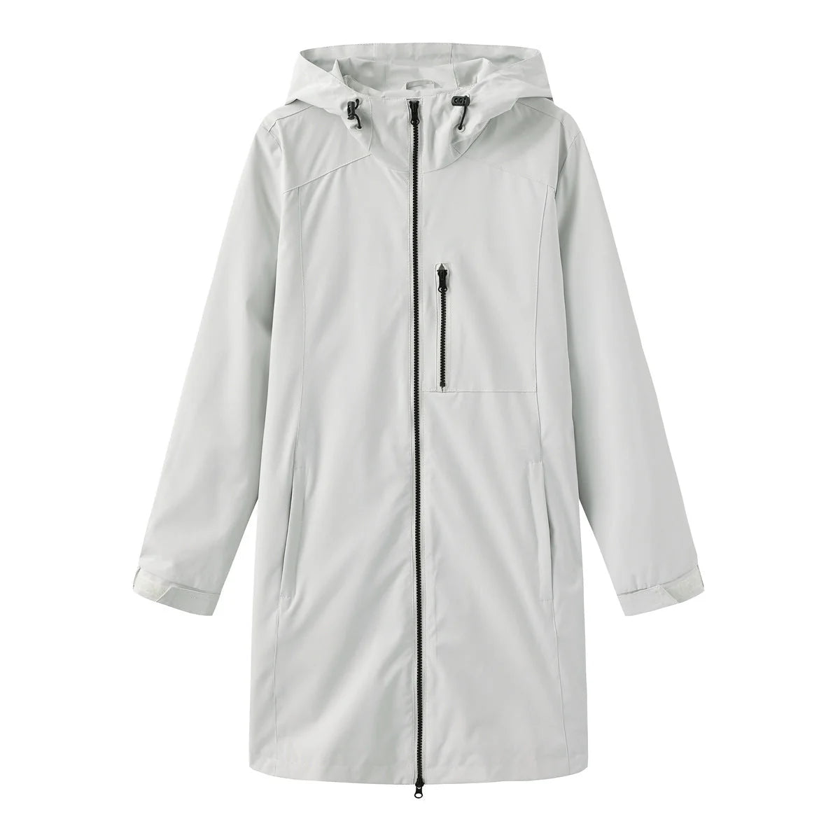 Weigrau Women's Hooded Waterproof Rain Jacket — Clara Lightweight Zip-Pocket Longline - Flat Lay White Gray