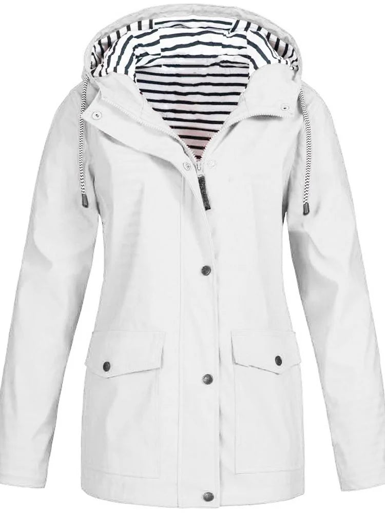 White Women's Hooded Waterproof Rain Jacket — Ingrid Everyday Zip-Up Pocketed - Front Open