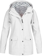 White Women's Hooded Waterproof Rain Jacket — Ingrid Everyday Zip-Up Pocketed - Front Open