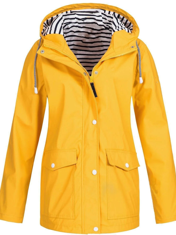 Yellow Women's Hooded Waterproof Rain Jacket — Ingrid Everyday Zip-Up Pocketed - Front Full