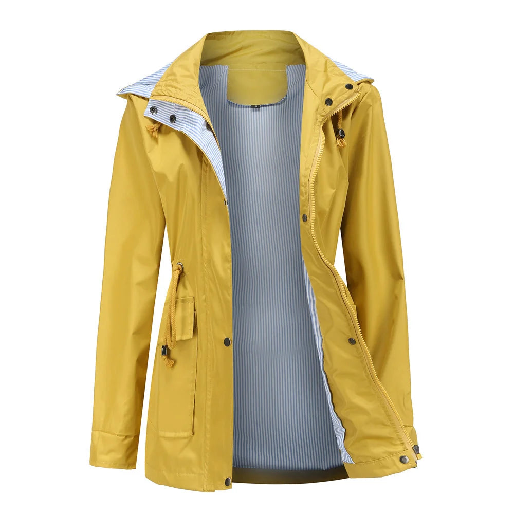 Yellow Women's Waterproof Rain Jacket — Pearl Zip-Up Hooded Drawstring - Front Open