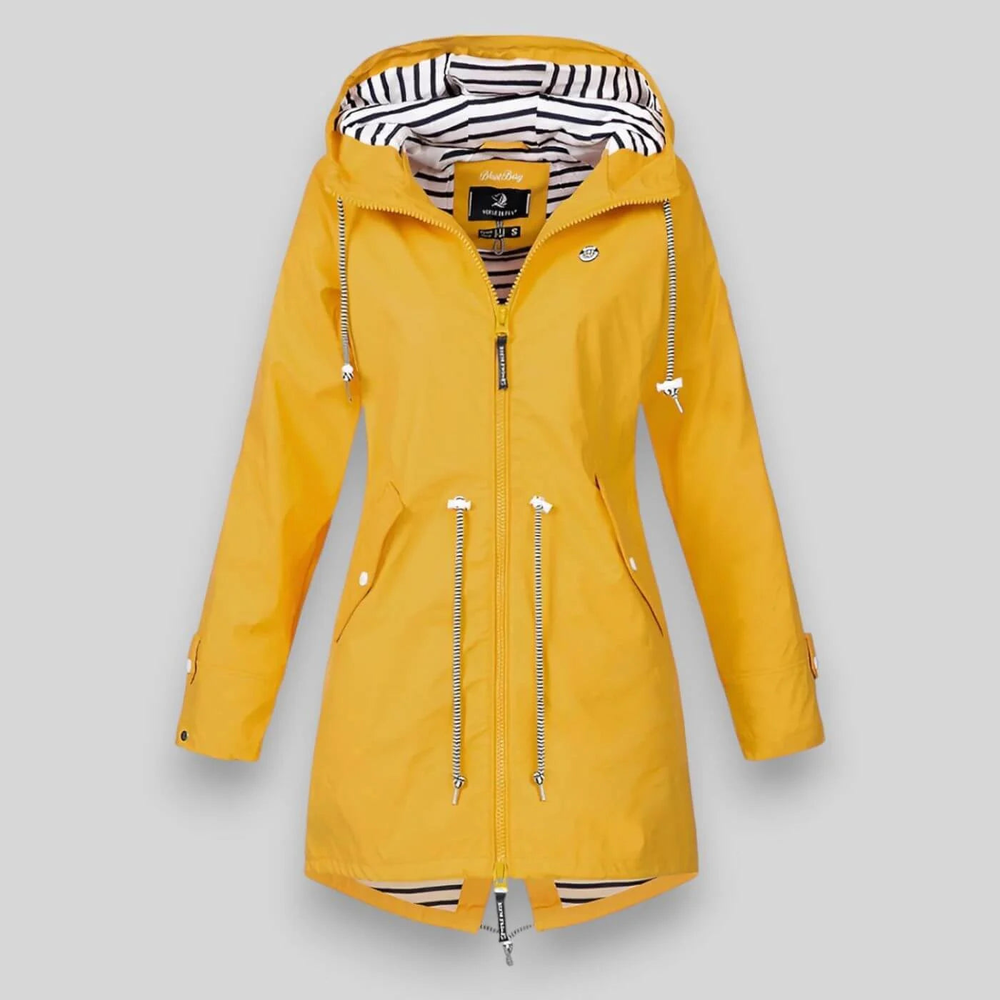 Yellow Women's Hooded Waterproof Rain Jacket — Hattie Lightweight Drawstring Zip-Up - Front Zip Detail