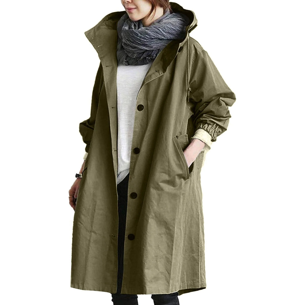 Army Green Women's Waterproof Raincoat in Cotton-Blend Fabric with Hooded Drawstring & Side Pockets - Front Full