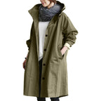 Army Green Women's Waterproof Raincoat in Cotton-Blend Fabric with Hooded Drawstring & Side Pockets - Front Full